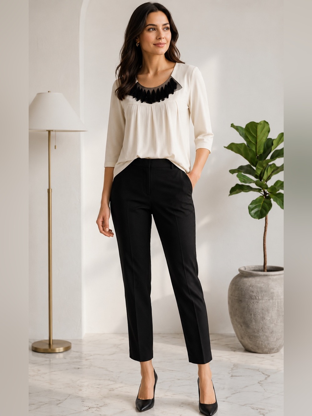 Vera Wang Lavender Label Cream Blouse with Black Details